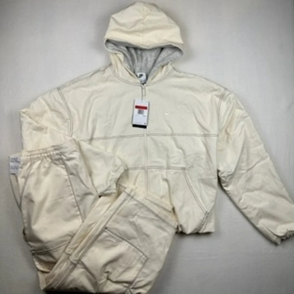 NWT Nike Tracksuit Women L Cream Canvas Jacket Pants Set Sportswear Gorpcore